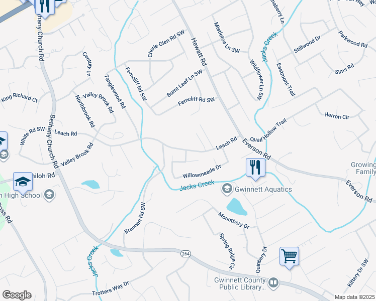 map of restaurants, bars, coffee shops, grocery stores, and more near 3899 Leach Road in Snellville