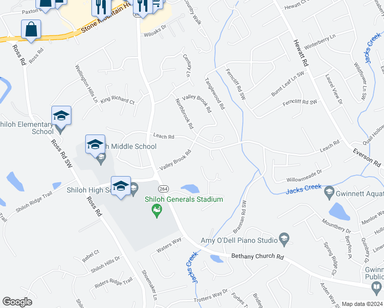 map of restaurants, bars, coffee shops, grocery stores, and more near 4088 Valley Brook Road in Snellville