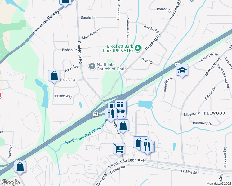 map of restaurants, bars, coffee shops, grocery stores, and more near 1479 Brockett Road in Tucker