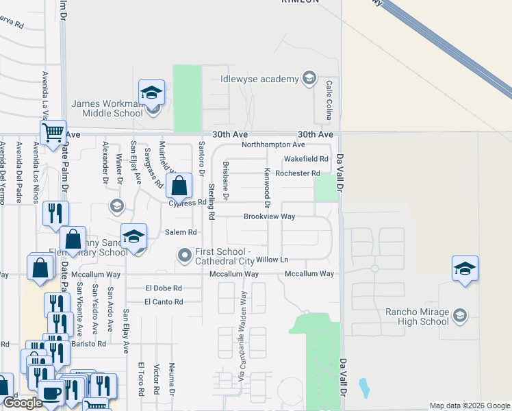 map of restaurants, bars, coffee shops, grocery stores, and more near 69719 Cypress Road in Cathedral City