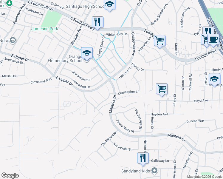 map of restaurants, bars, coffee shops, grocery stores, and more near 3535 Sunmeadow Street in Corona