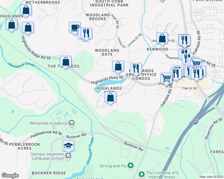 map of restaurants, bars, coffee shops, grocery stores, and more near 1754 Highlands View Drive in Smyrna