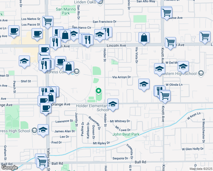 map of restaurants, bars, coffee shops, grocery stores, and more near 9351 Via Balboa Circle in Buena Park