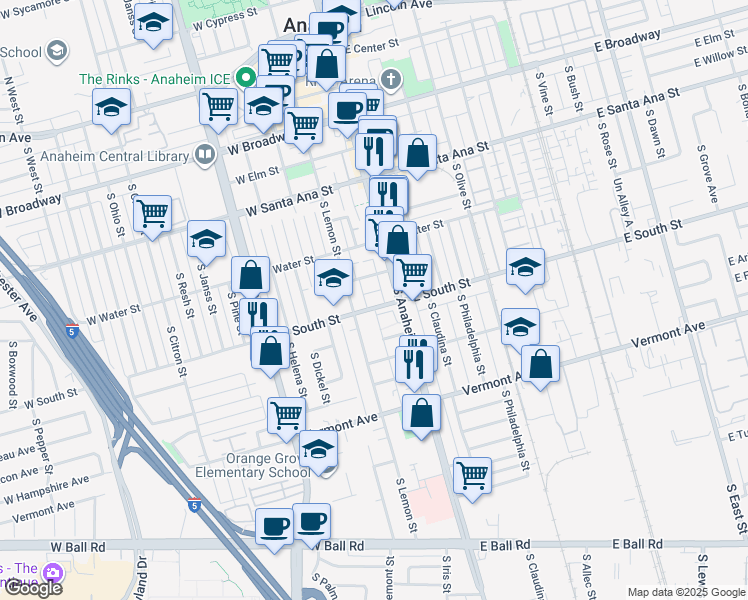 map of restaurants, bars, coffee shops, grocery stores, and more near 102 West South Street in Anaheim