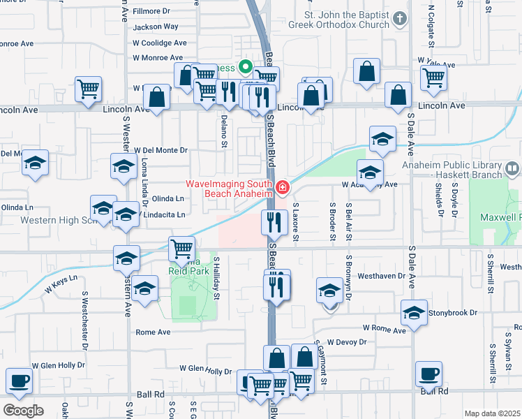 map of restaurants, bars, coffee shops, grocery stores, and more near 501 South Beach Boulevard in Anaheim