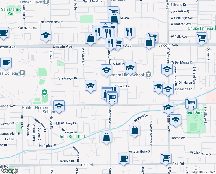 map of restaurants, bars, coffee shops, grocery stores, and more near 401 South Knott Avenue in Anaheim