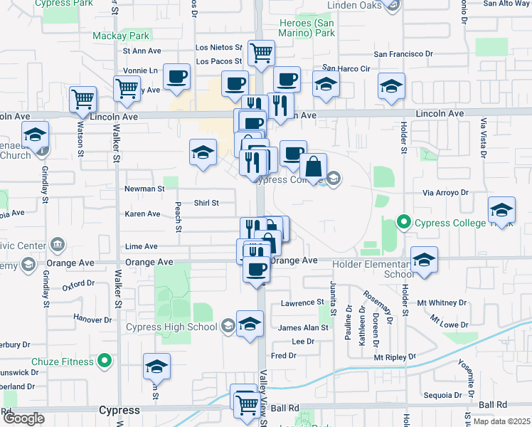 map of restaurants, bars, coffee shops, grocery stores, and more near 6011 Lemon Avenue in Cypress