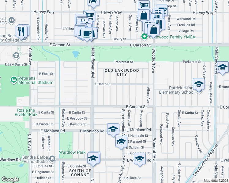 map of restaurants, bars, coffee shops, grocery stores, and more near 3749 North Sebren Avenue in Long Beach