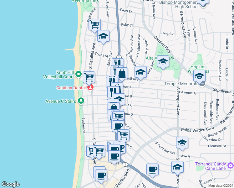 map of restaurants, bars, coffee shops, grocery stores, and more near 230 Avenue B in Redondo Beach