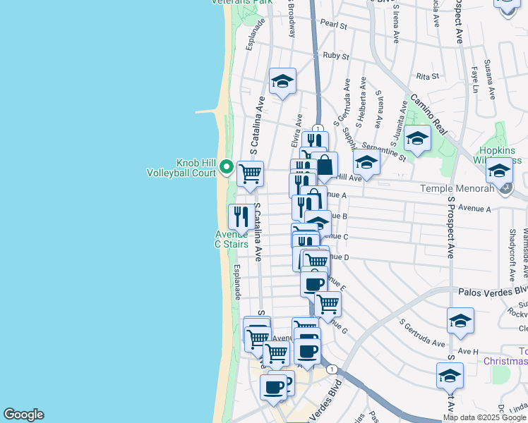 map of restaurants, bars, coffee shops, grocery stores, and more near 112 Avenue B in Redondo Beach