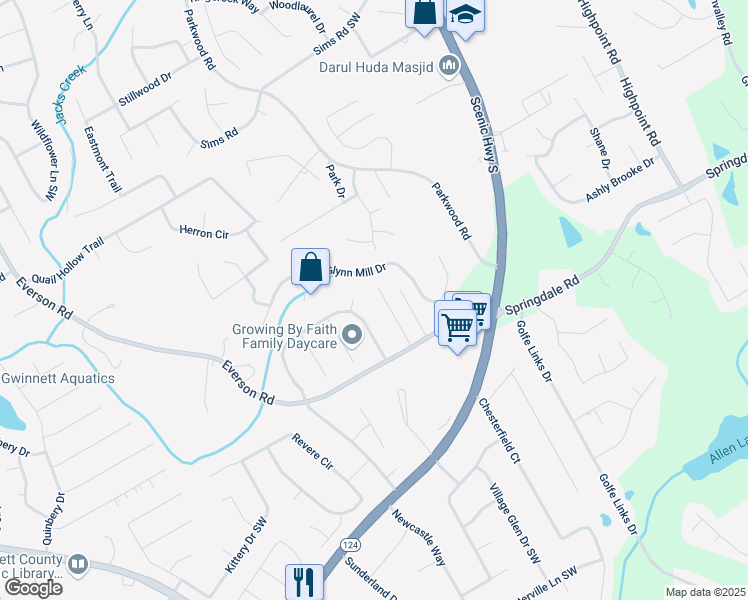 map of restaurants, bars, coffee shops, grocery stores, and more near 2909 Everson Ridge Court Southwest in Snellville