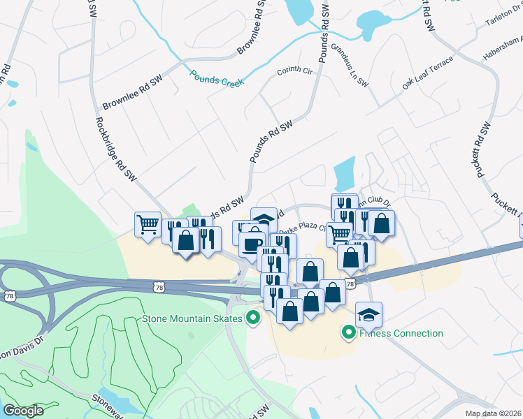 map of restaurants, bars, coffee shops, grocery stores, and more near 5420 Lakebrooke Run in Stone Mountain