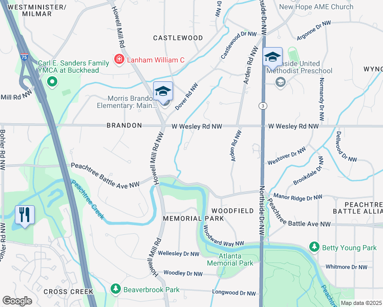 map of restaurants, bars, coffee shops, grocery stores, and more near 2647 Battle Overlook Northwest in Atlanta