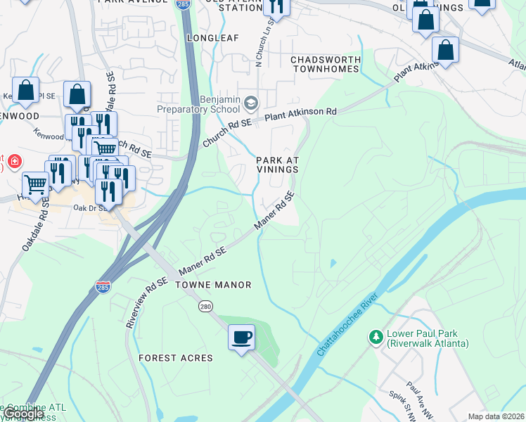 map of restaurants, bars, coffee shops, grocery stores, and more near 5130 Akbar Chase in Atlanta