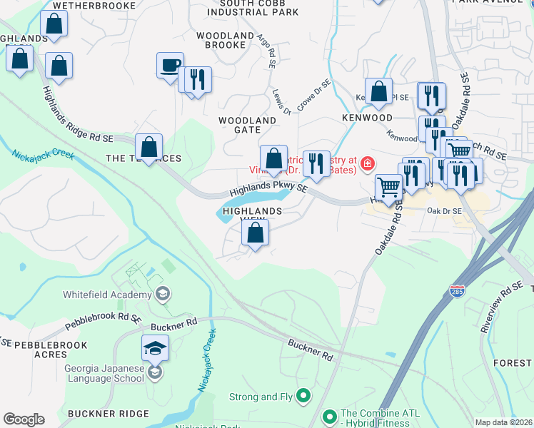 map of restaurants, bars, coffee shops, grocery stores, and more near 407 Iona Abbey Drive Southeast in Smyrna