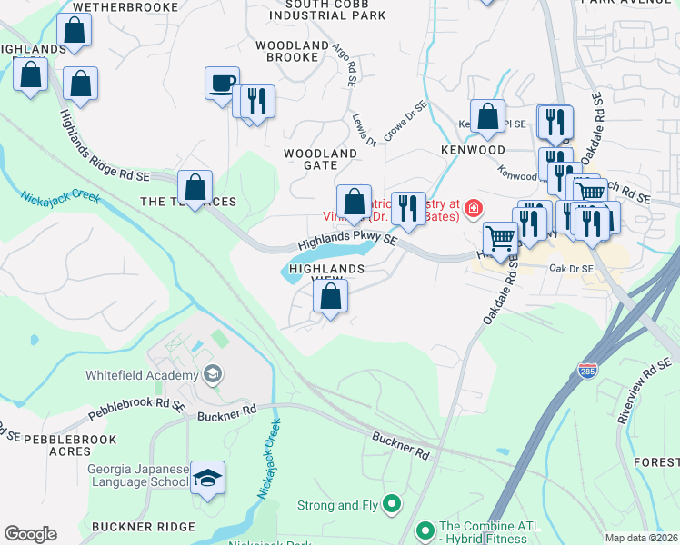 map of restaurants, bars, coffee shops, grocery stores, and more near 407 Iona Abbey Drive Southeast in Smyrna