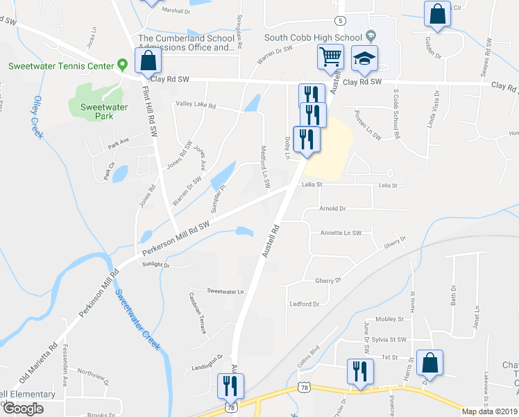 map of restaurants, bars, coffee shops, grocery stores, and more near 2125 Perkerson Mill Road Southwest in Austell