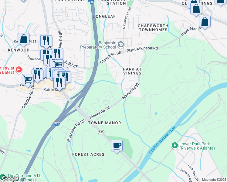 map of restaurants, bars, coffee shops, grocery stores, and more near 499 Maner Terrace Southeast in Smyrna