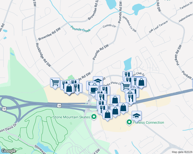 map of restaurants, bars, coffee shops, grocery stores, and more near 5420 Lakebrooke Run in Stone Mountain