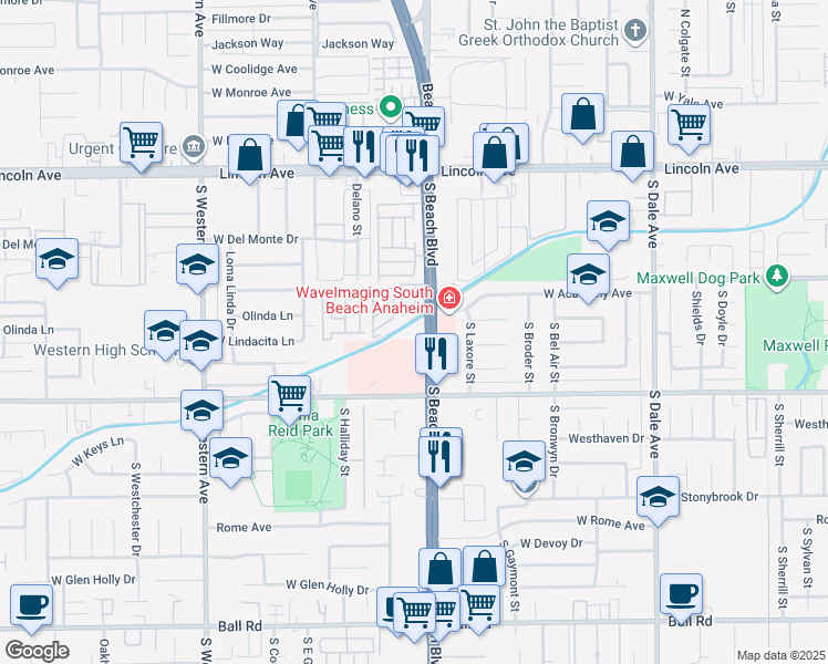 map of restaurants, bars, coffee shops, grocery stores, and more near 401 South Beach Boulevard in Anaheim