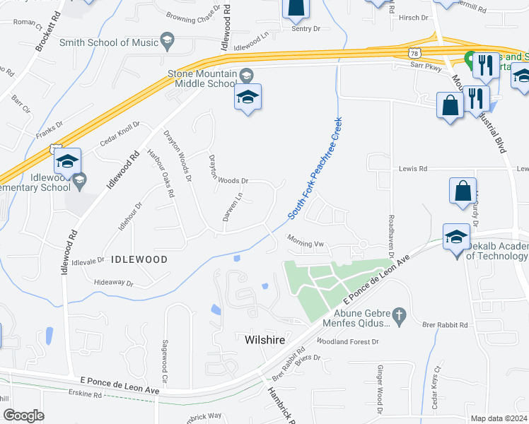 map of restaurants, bars, coffee shops, grocery stores, and more near 1427 Drayton Woods Drive in Tucker