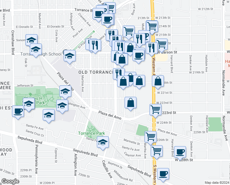 map of restaurants, bars, coffee shops, grocery stores, and more near 2106 Cabrillo Avenue in Torrance
