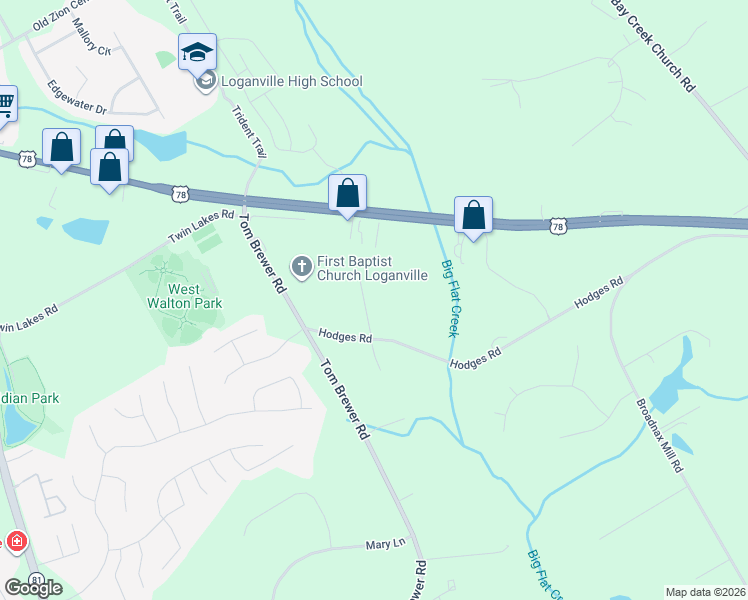 map of restaurants, bars, coffee shops, grocery stores, and more near 3424 Deerfield Road in Loganville