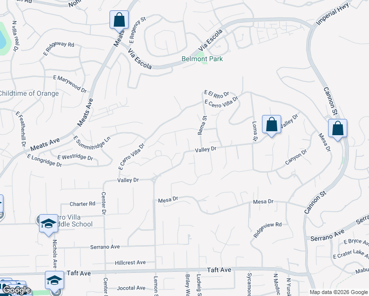 map of restaurants, bars, coffee shops, grocery stores, and more near 18671 Valley Drive in Villa Park