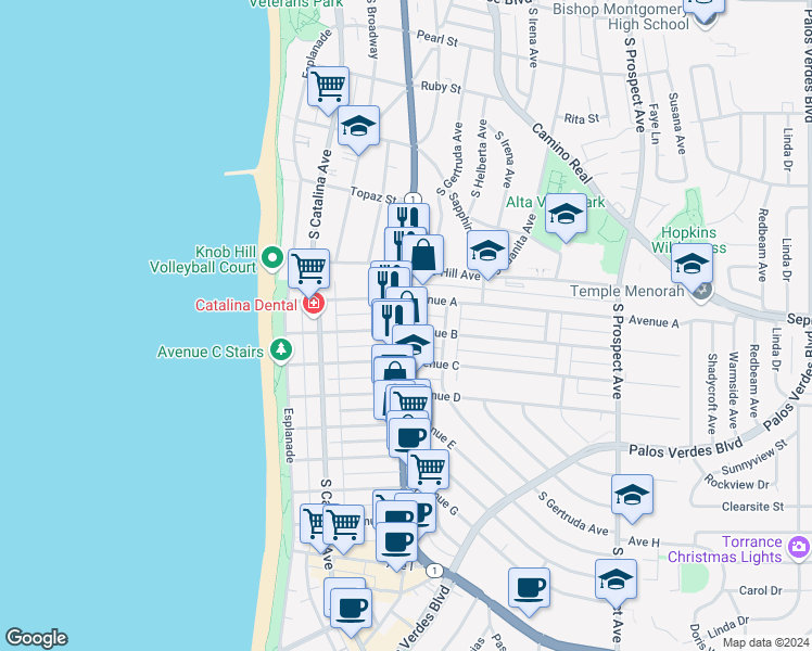 map of restaurants, bars, coffee shops, grocery stores, and more near in Redondo Beach