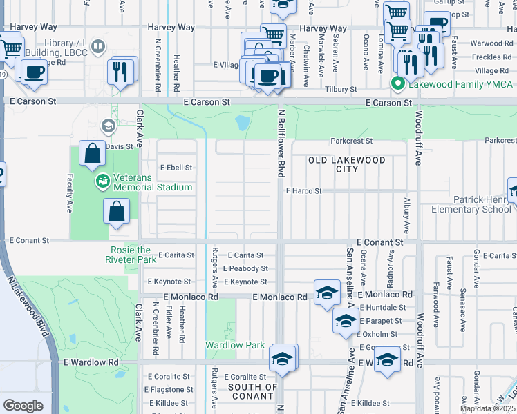 map of restaurants, bars, coffee shops, grocery stores, and more near 5423 East Walkerton Street in Long Beach