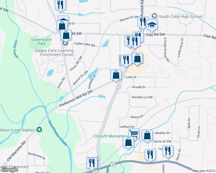 map of restaurants, bars, coffee shops, grocery stores, and more near 2125 Perkerson Mill Road Southwest in Austell