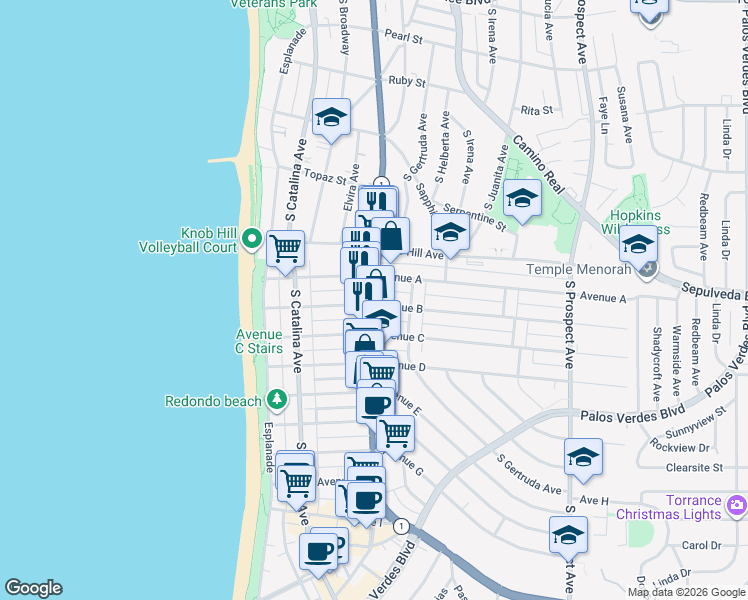 map of restaurants, bars, coffee shops, grocery stores, and more near 501 Avenue B in Redondo Beach