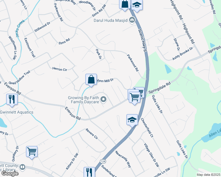 map of restaurants, bars, coffee shops, grocery stores, and more near 2909 Everson Ridge Court Southwest in Snellville