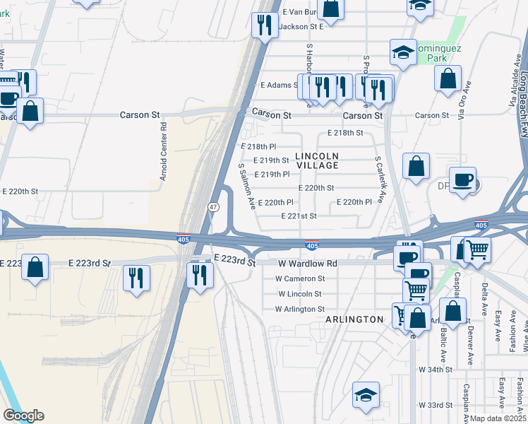 map of restaurants, bars, coffee shops, grocery stores, and more near 2613 East 221st Street in Carson