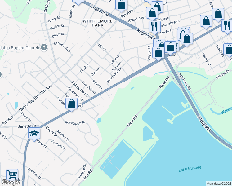 map of restaurants, bars, coffee shops, grocery stores, and more near 300 Rufus Street in Conway