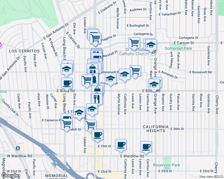 map of restaurants, bars, coffee shops, grocery stores, and more near 3800 North Olive Avenue in Long Beach