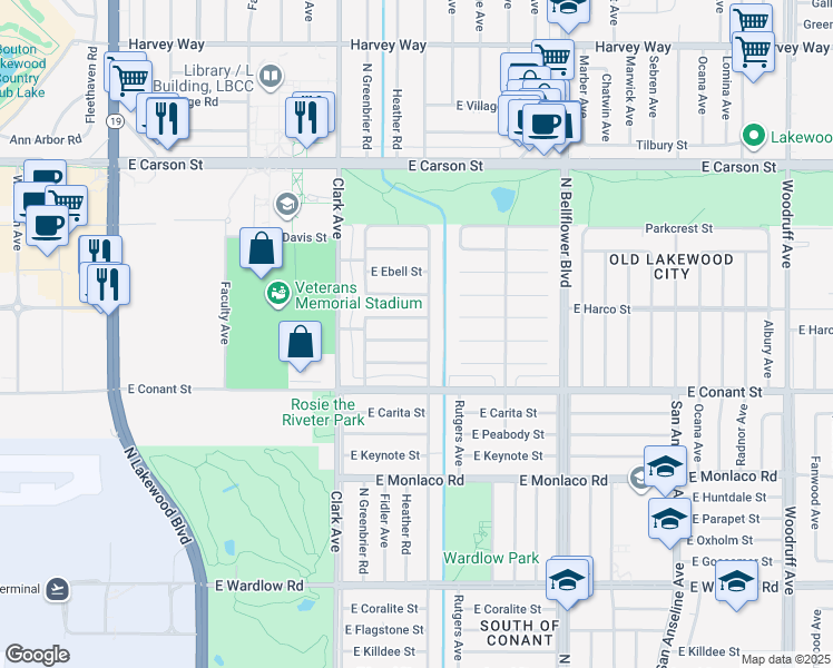 map of restaurants, bars, coffee shops, grocery stores, and more near 5229 East Walkerton Street in Long Beach
