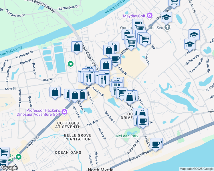 map of restaurants, bars, coffee shops, grocery stores, and more near 763 Main Street in North Myrtle Beach