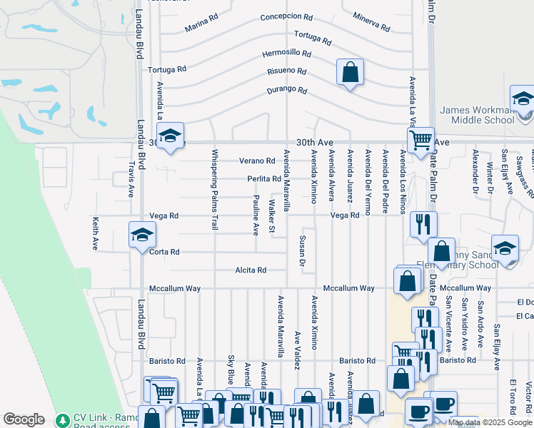 map of restaurants, bars, coffee shops, grocery stores, and more near 68400 Walker Street in Cathedral City