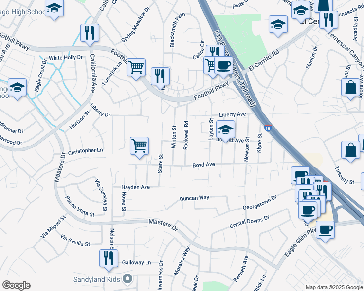 map of restaurants, bars, coffee shops, grocery stores, and more near 20143 Rockwell Road in Corona