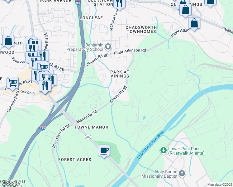 map of restaurants, bars, coffee shops, grocery stores, and more near 2444 Coosa Valley in Atlanta