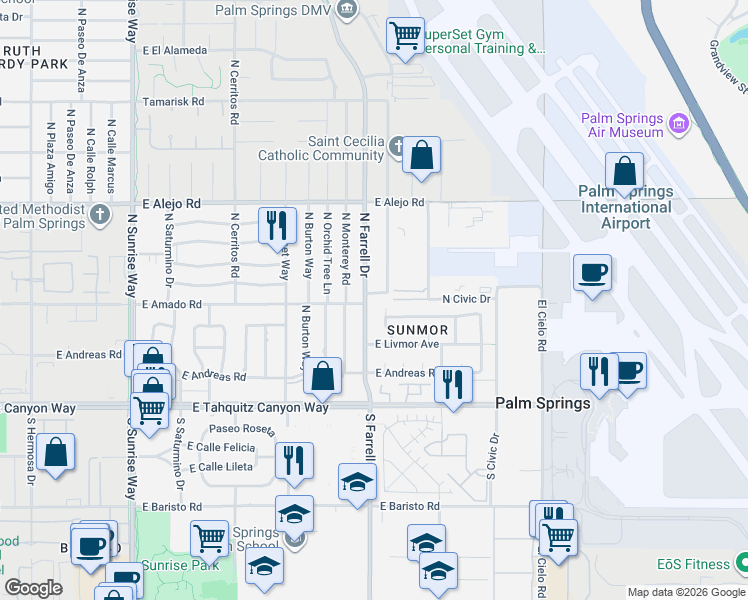 map of restaurants, bars, coffee shops, grocery stores, and more near 298 North Farrell Drive in Palm Springs