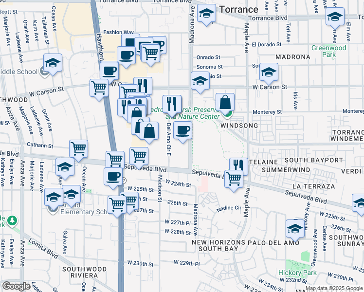 map of restaurants, bars, coffee shops, grocery stores, and more near 3433 Sepulveda Boulevard in Torrance