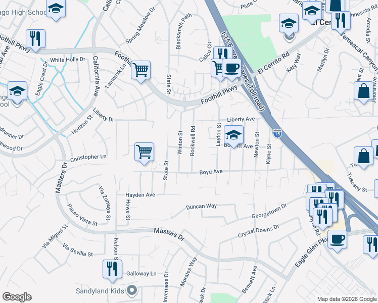 map of restaurants, bars, coffee shops, grocery stores, and more near 20143 Rockwell Road in Corona