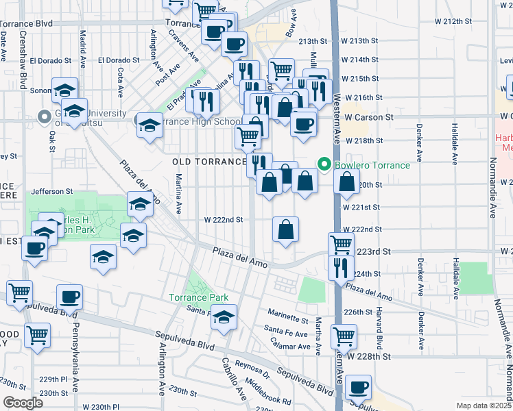 map of restaurants, bars, coffee shops, grocery stores, and more near 2100 Cabrillo Avenue in Torrance