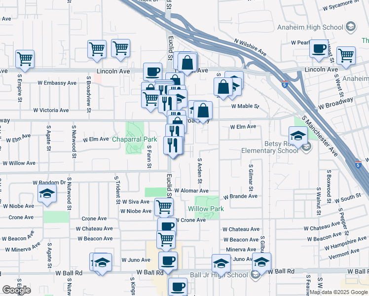 map of restaurants, bars, coffee shops, grocery stores, and more near 1680 West Tedmar Avenue in Anaheim