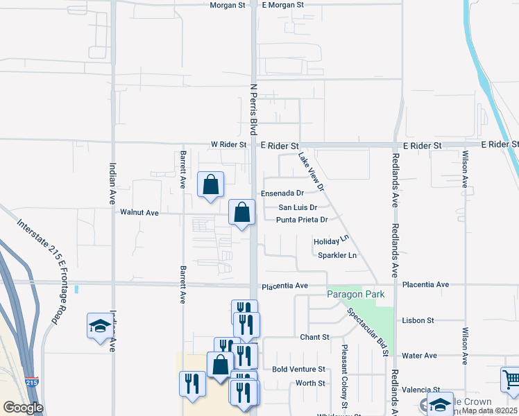 map of restaurants, bars, coffee shops, grocery stores, and more near 3020 Santo Tomas Avenue in Perris