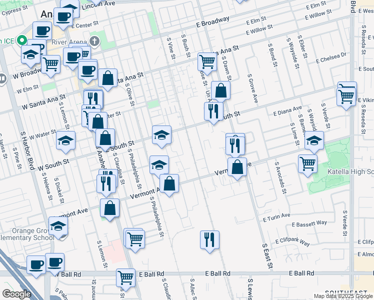map of restaurants, bars, coffee shops, grocery stores, and more near 724 South Woods Avenue in Fullerton