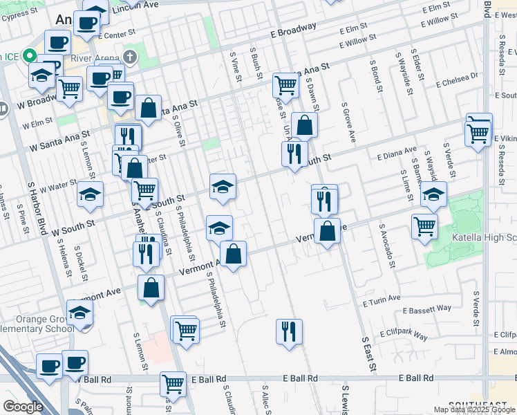 map of restaurants, bars, coffee shops, grocery stores, and more near 868 South Dakota Street in Anaheim