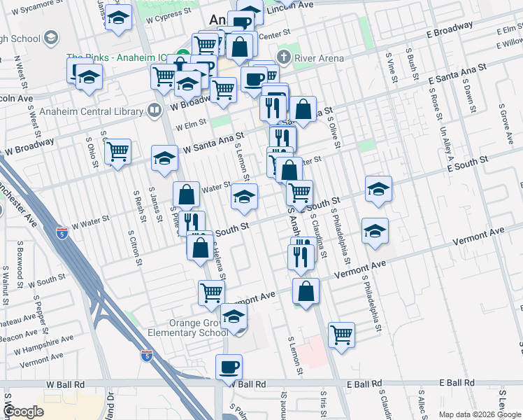 map of restaurants, bars, coffee shops, grocery stores, and more near 700 South Lemon Street in Anaheim